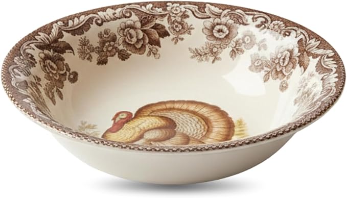 Spode Woodland Thanksgiving Turkey 8" Ascot Cereal Bowl - Classic Holiday Tableware, Salad, Dessert, Nut Bowl with British Flowers Border, Fine Earthenware - Microwave, Oven, Freezer, Dishwasher Safe