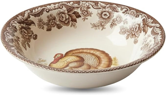 Spode Woodland Thanksgiving Turkey 8" Ascot Cereal Bowl - Classic Holiday Tableware, Salad, Dessert, Nut Bowl with British Flowers Border, Fine Earthenware - Microwave, Oven, Freezer, Dishwasher Safe