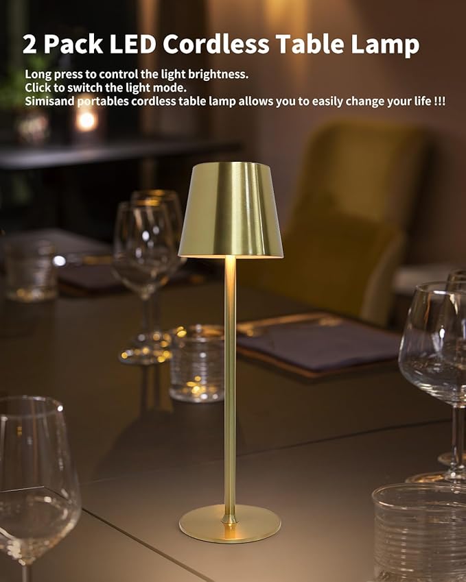 2 Pack Cordless Table Lamps,Portable LED Desk Lamp, 5000mAh Battery Operated Lamp, 3 Color Stepless Dimming Up, for Restaurant/Bedroom/Outdoor Party/Camping/Coffee Shop Night Light(Gold)