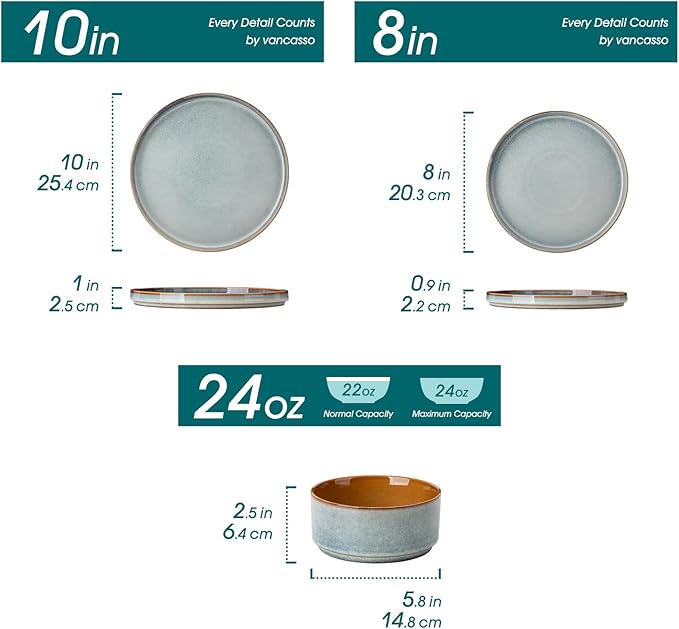 vancasso ONION Ceramic Plates and Bowls Sets, 12 Pieces Light Blue Dinnerware Sets for Kitchen, Reactive Glaze Dishes Set for 4, Dishwasher and Microwave Safe