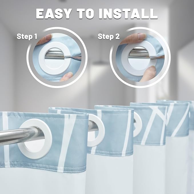 No Hook Light Blue Striped Shower Curtain with Snap in Liner Set - Hotel Shower Curtain and Liner Set with See Through Mesh Top Window,Machine Washable, 71x74 INCH