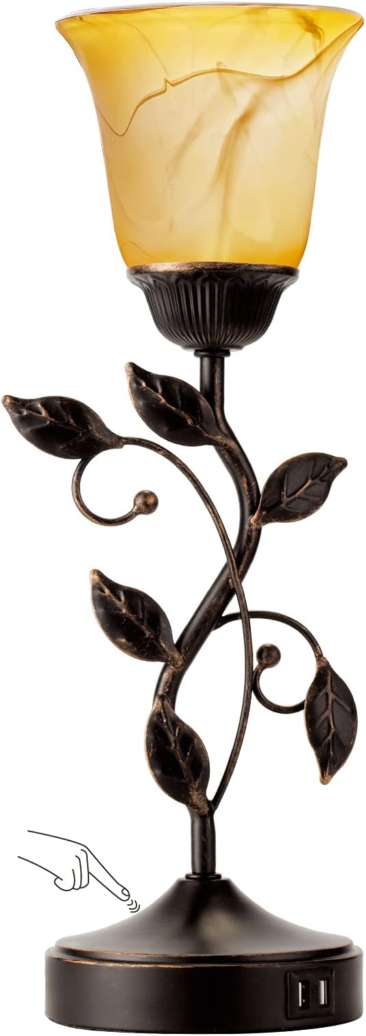 Touch Control Table Lamp with 2 USB Charging Ports, 3-Way Dimmable Bedside Nightstand Lamps, Amber Glass Shade Vintage Rural Leaf Lamp for Living Room, Bedroom, Dresser, LED Bulb Included (Bronze)