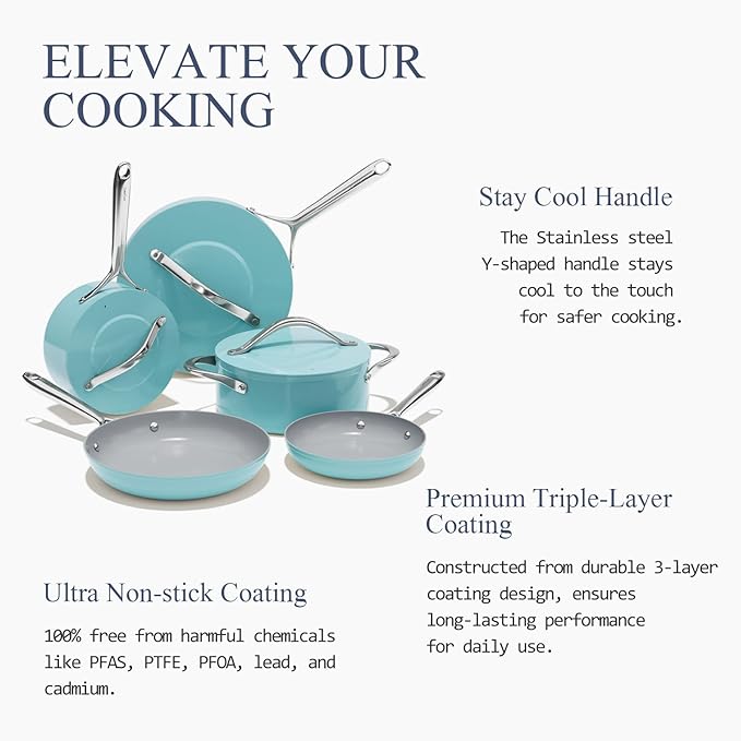 Ceramic Cookware Set Nonstick Pots and Pans Set 8 Pieces NonToxic PTFE/PFOA/PFAS Free All Cooktops Compatible Even Heat Distribution Oven Safe Up to 500°F, Caribbean Blue