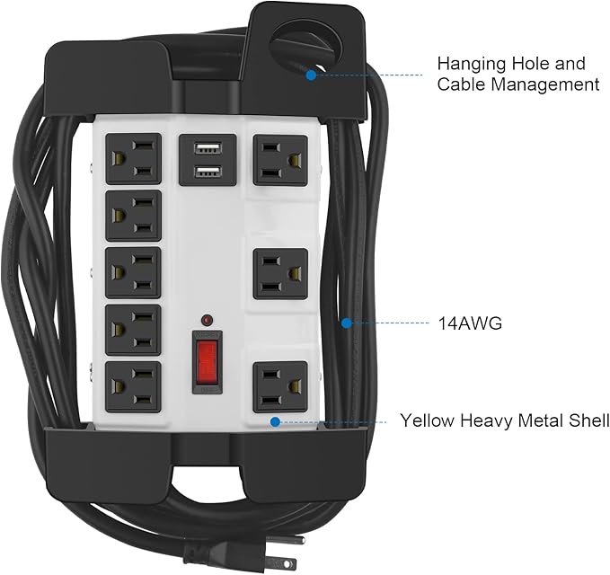 CCCEI Heavy Duty Power Strip with USB, Workshop 8 Outlet Surge Protector 2700 Joules, Industrial Metal 15Amp Power Strip, 4 FT Extension Cord and Wide Spaced Grey.
