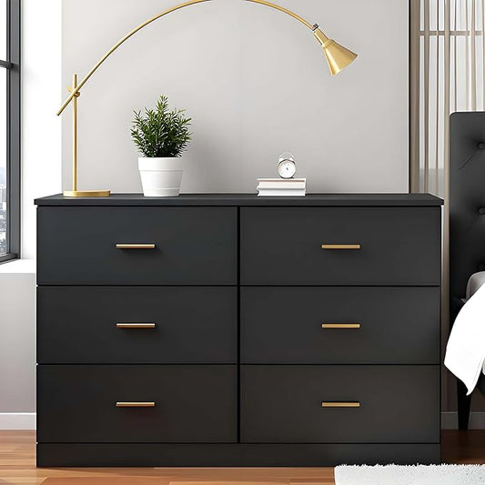 Modern 6 Drawer Dresser for Bedroom, Dresser Chest of Drawer with Large Drawers and Golden Handles, Wooden Dressers Drawer Storage Unit for Bedroom, Living Room or Closet (Black)