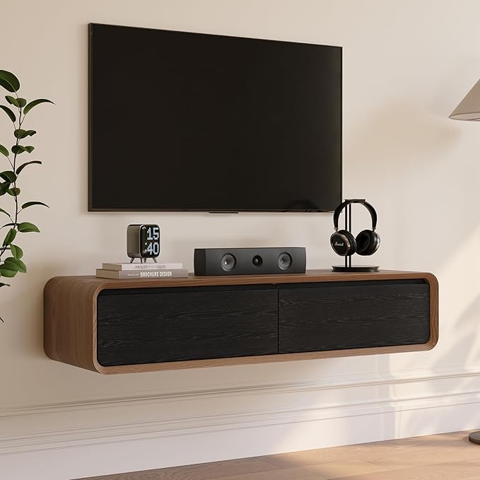 POVISON Fully-Assembled Minimalist Floating TV Stand, Modern Wall-Mounted Entertainment Center with 2 Flip-Down Cabinet Doors, Solid Wood Media Console, Walnut & Black, 47.24"