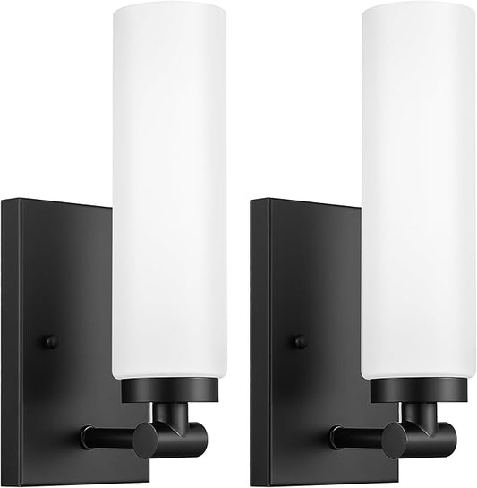 Emak Black Sconces Set of 2, Modern Wall Lights with Milk Glass Shade, Farmhouse Vanity Lights for Bathroom, Living Room, Bedroom, Gallery, WS086-BK-ML-2PK
