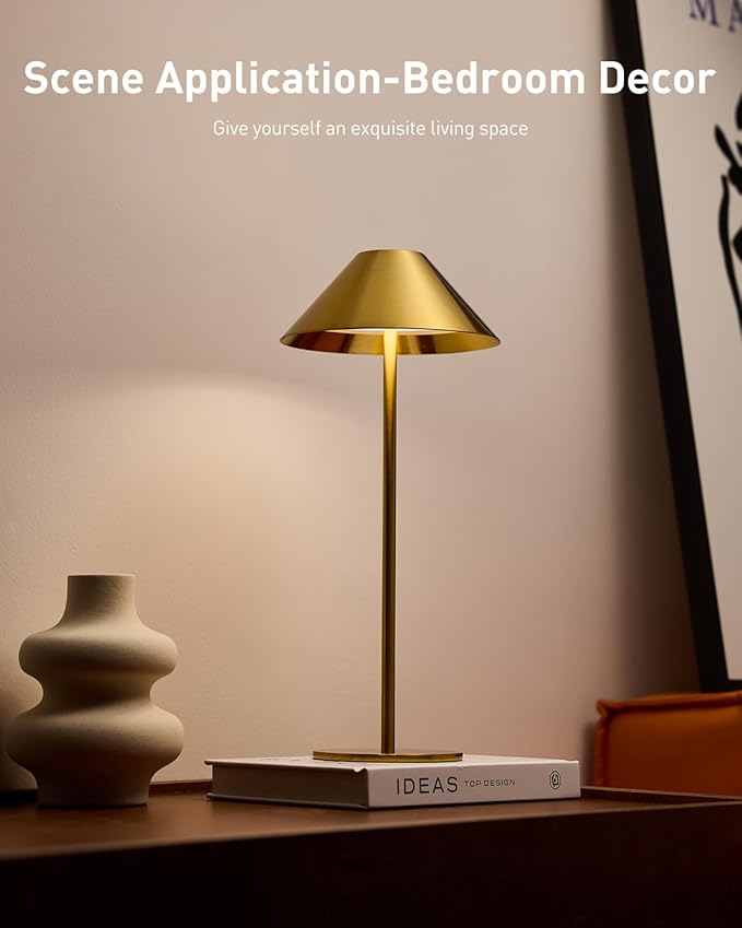 Bojim Gold Cordless Table Lamp, Rechargeable Touch Lamps with 3 Color Dimming, Wireless Battery Operated Lamp for Bedroom/Living Room