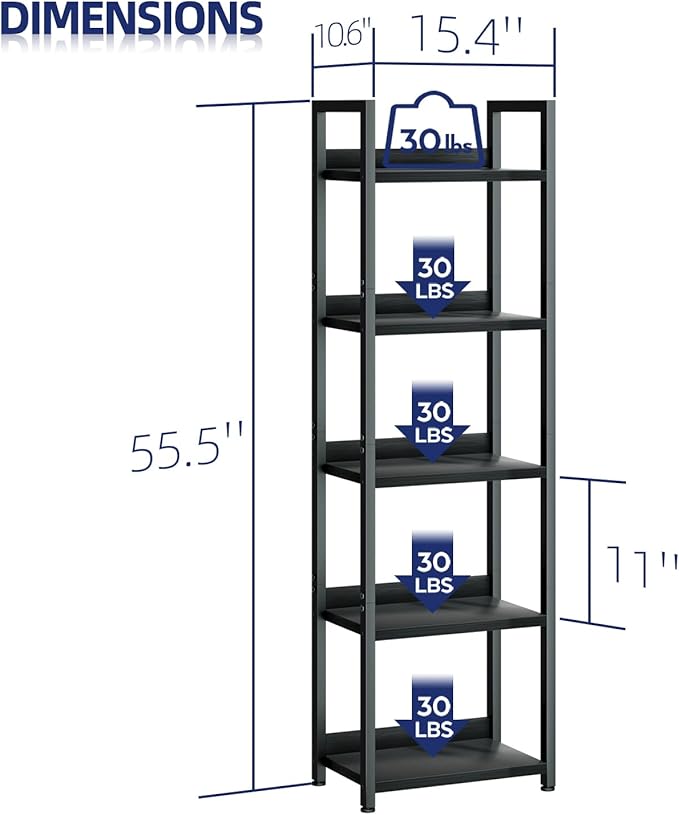 NUMENN Narrow Bookshelf, 5 Tier Bookshelves, Home Office Bookcase Shelf Storage Organizer, Free Standing Storage Shelving Unit for Bedroom, Living Room and Home Office, Black