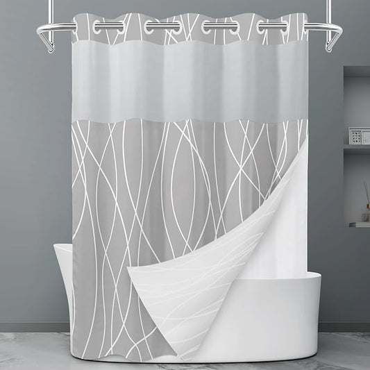 No Hook Light Grey Striped Shower Curtain with Snap in Liner Set - Hotel Shower Curtain and Liner Set with See Through Mesh Top Window,Machine Washable, 71x74 INCH