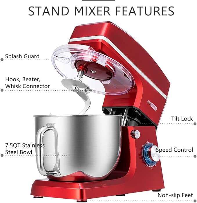 VIVOHOME 7.5 Quart Stand Mixer, 660W 6-Speed Tilt-Head Kitchen Electric Food Mixer with Beater, Dough Hook, Wire Whip, and Egg Separator, Red