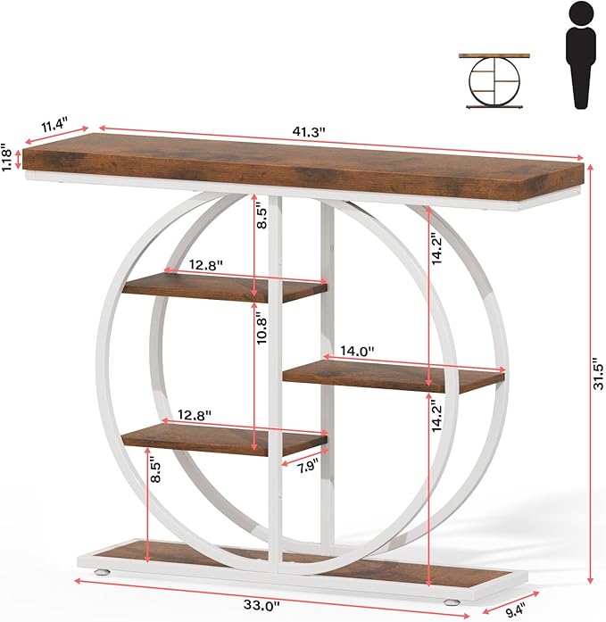 41.3" Console Table for Entryway, Industrial Hallway Sofa Table with Storage Shelves, Narrow Accent Decor Living Room Furniture with Circle Base for Foyer, Entrance, Brown White