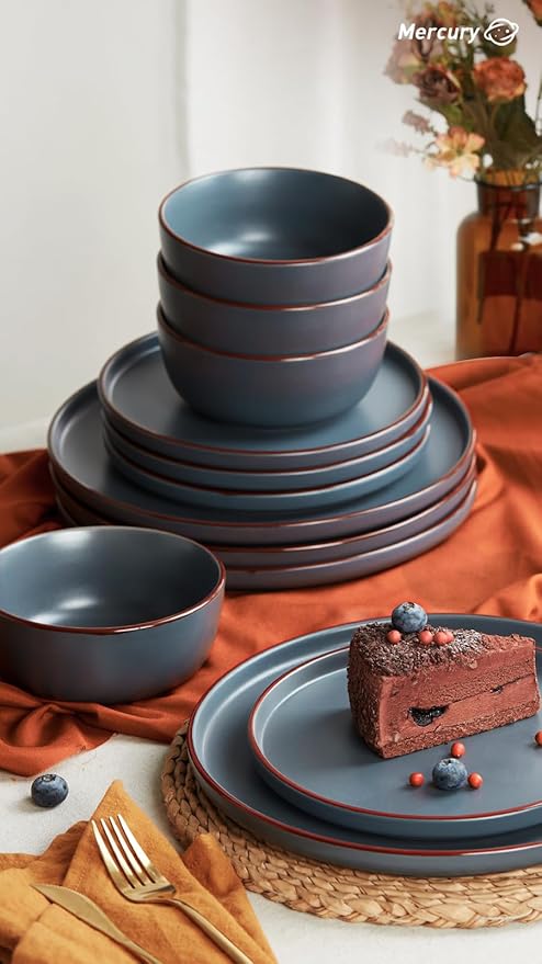 Famiware Mercury 24 Pieces Dinnerware Sets, Plates and Bowls Sets for 8, Microwave and Dishwasher Safe Dish Set, Charcoal