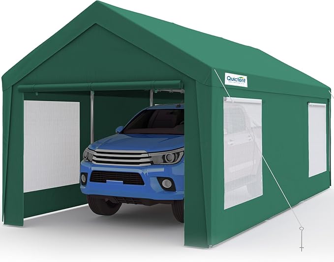 Quictent 10x20 ft Heavy Duty Carport Galvanized Car Canopy Tent Outdoor Garage Boat Shelter with Reinforced Structure with Roll-up Ventilated Windows Sidewall - Green