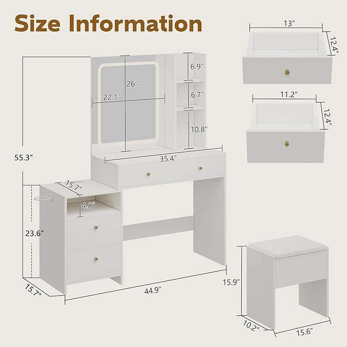 HAOBO Home Vanity Desk with Mirror and Lights, Makeup Vanity with Stool and Drawers Dressing Table with Power Outlet for Bedroom