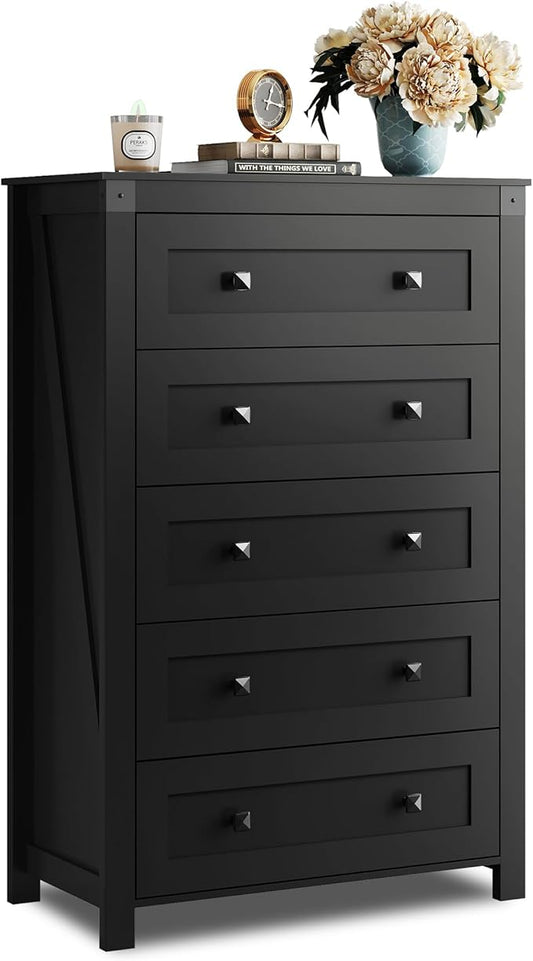 WLIVE Farmhouse 5 Drawer Dresser for Bedroom, Wood Dresser Storage Organizer, Tall Black Dressers with Double Rustic Handle, Chest of Drawers for Living Room, Hallway, Closet