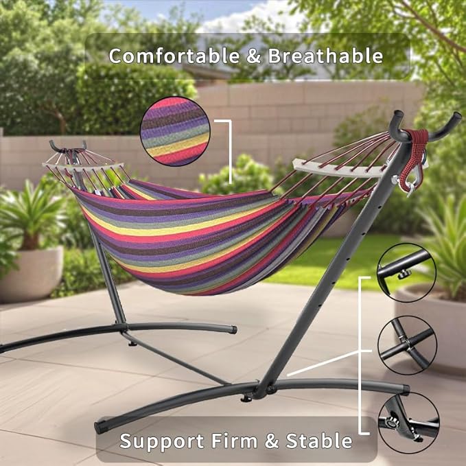 Double Hammock, Heavy Duty Portable, 500 lb Weight Capacity, Perfect for Both Indoors and Outdoors, 2 Person Hammock with Carrying Bag, Rainbow