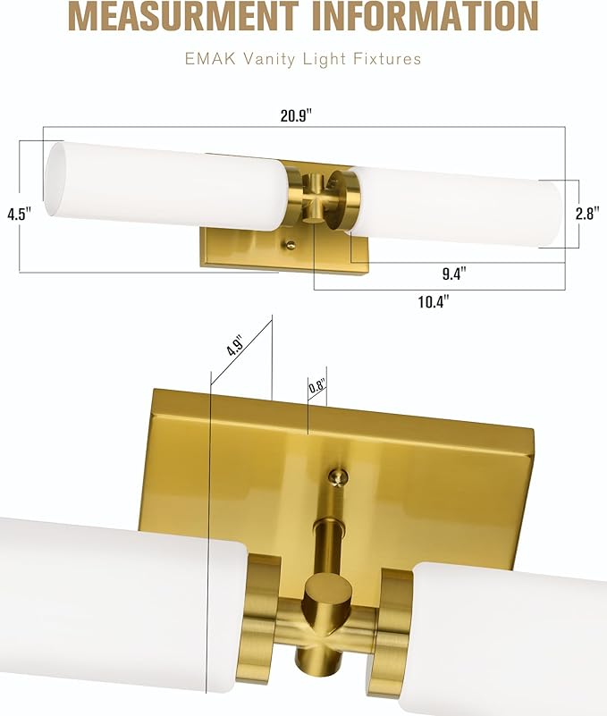 Emak 21 Inch Brushed Gold Bathroom Light Fixtures, 2-Light Vanity Lights with Milk Glass Shade, Modern Wall Sconce for Bathroom, Mirror, VL086-BGD-ML-2