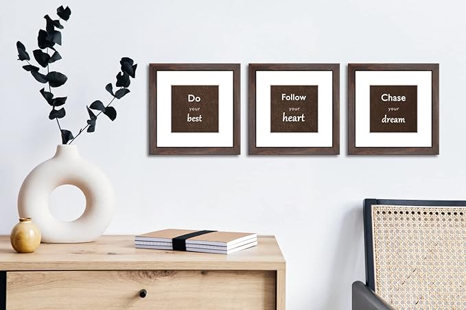 8x8 Picture Frame Set of 3 with Real Glass for Pictures 5x5 with Mat or 8x8 Without Mat, Wall Mounting or Tabletop display Photo Frames in Walnut