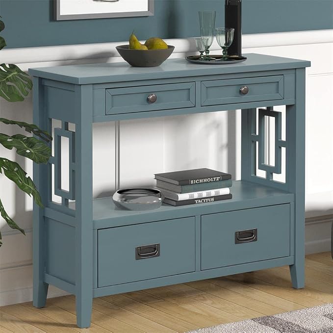 36 Inch Country Farmhouse Console Table with 4 Drawers and 1 Storage Shelf Pine Wood Material for Entryway Entrance Living Room Bedroom Hallway Kitchen (Blue)