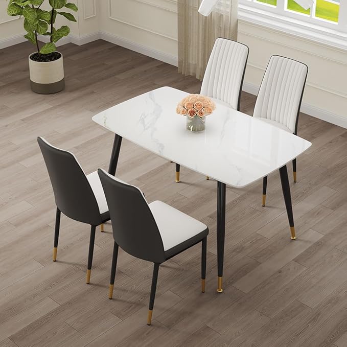 50" White Modern Sintered Stone Dining Table Set for 4 Faux Marble Dining Table with 4 Upholstered PU Leather Chair Dining Room Table Set for Kitchen Apartment(1White Table+4White &Gray Chairs)