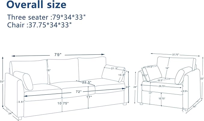 Sofa Set for Living Room Corduroy Couch Sets 3 Seater and Single Chair, Sofas for Apartment and Small Spaces .(Grey, Sofa Set)