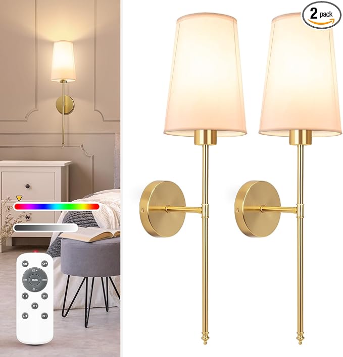 NIORSUN Gold Battery Operated Wall Sconce Set of 2,Rechargeable Wall Lights with 5200mAh Dimmable Detachable Bulbs and Remote,9 Colors Wireless Sconces for Bedroom Living Room Hallway