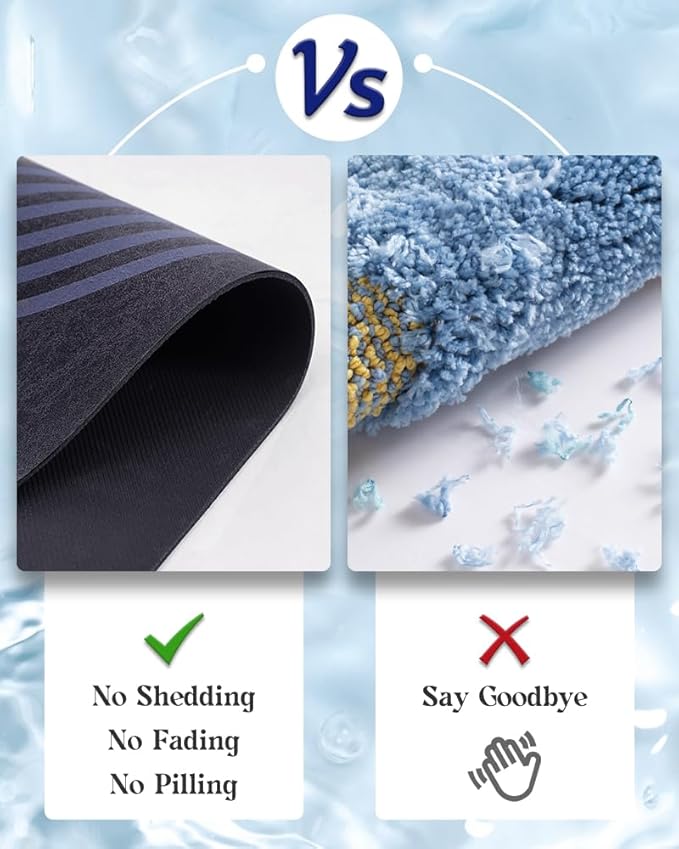 MontVoo -Bath Mat-Non Slip Thin Bathroom Rugs Fit Under Door- Quick Dry Absorbent Faux Suede Surface Grey Bathroom Floor Mats-Shower Rug for in Front of Bathtub Shower Blue Arched 17x59