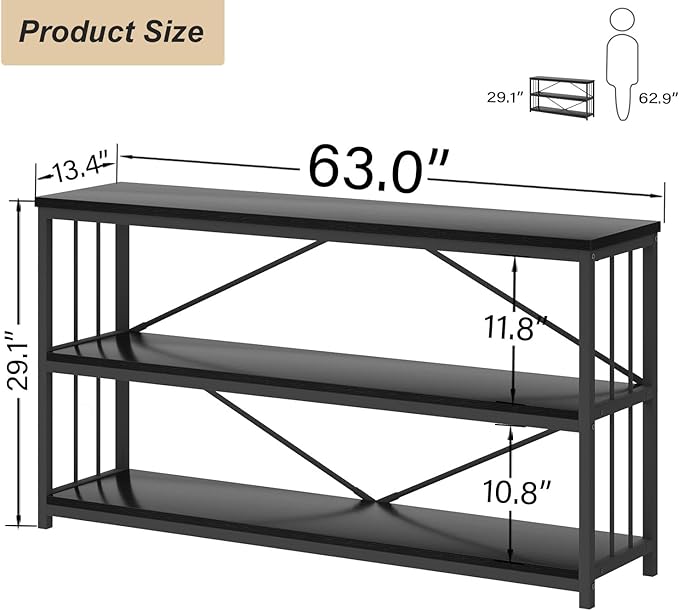 HSH Black Long Bookshelf, Large Wood Wide Horizontal Bookcase Under Window, Modern Long Open Book Shelf for Bedroom Living Room, Industrial Wooden Metal Bookshelves for Home Office, Black Oak, 63 Inch