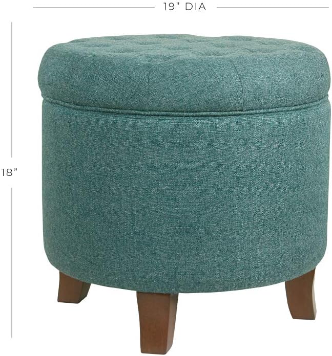 HomePop by Kinfine Fabric Upholstered Round Storage Ottoman - Button Tufted Ottoman with Removable Lid, Teal Woven
