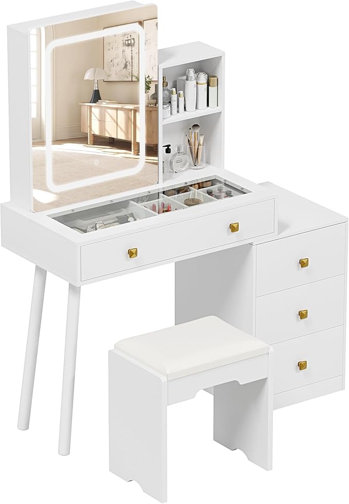 KAMABOKO Vanity Desk with Sliding Mirror and Lights, Makeup Vanity Table with 4 Drawers and Storage Rack, Glass Transparent Top Makeup Vanity with Stool for Bedroom (White)