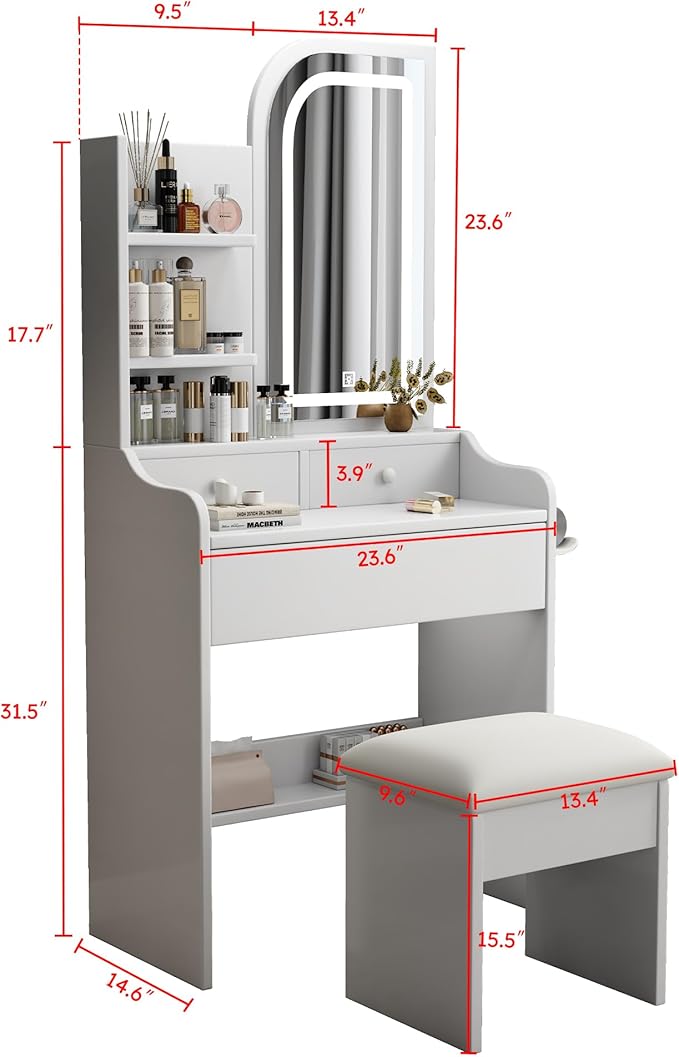 Vanity Desk with Mirror and Lights, Stylish White Desk with 3-Color Adjustable Lighting Dressing Table, Dressing Table Set for Bedroom Storage, Makeup & Hair Styling