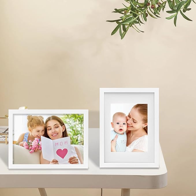 Egofine A4 Picture Frame White Covered by Plexiglass Made of Solid Wood, Display Pictures 4x6/6x8 with Mat or A4 Without Mat for Table Top and Wall Mounting
