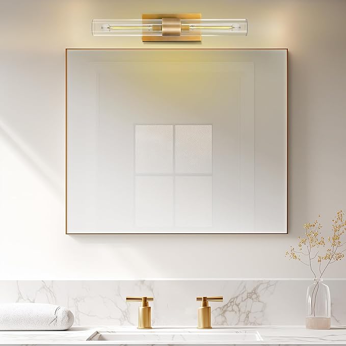 Brass Bathroom Vanity Wall Sconces, 2-Light Glass Tube Wall Sconces, 24 Inch Horizontal or Vertical Linear Wall Sconces,Gold Vanity Light, Indoor Wall Sconces, E26 Bulb Included
