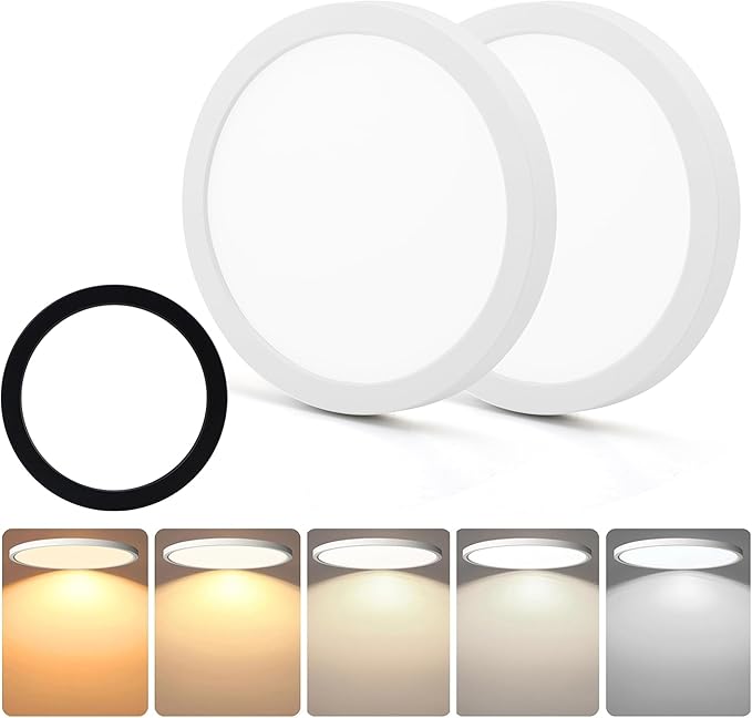 7 Inch Flush Mount Ceiling Light Fixture, 5CCT Adjustable LED Ceiling Light, Flicker-Free, Bedroom Ceiling Light, Dimmable Close to Ceiling Light – Ultra Thin, CRI90 – 2 Pack with Black Color Ring