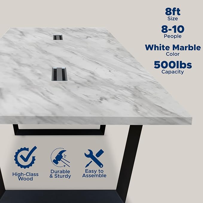 Sturdy Conference Table with Cable Management Grommets Modern Rectangle Office Meeting Table with Wood Tabletop and Metal Frame & Legs- Easy Assembly Boardroom Table (White Marble, 8 Foot)