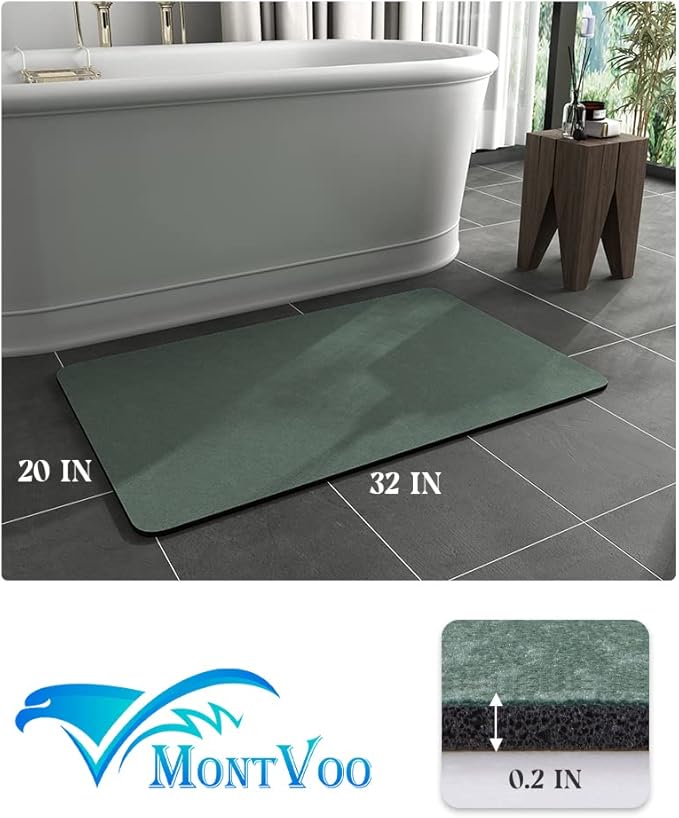 MontVoo -Bath Mat Rug-Rubber Backing Non Slip Quick Dry Absorbent Thin Bathroom Rugs Fit Under Door-Faux Suede Surface Bathroom Floor Mats-Shower Rug for in Front of Bathtub Shower Green 20"x32"