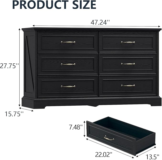 Dresser for Bedroom with 6 Drawer, Farmhouse Dresser for Closet, 47'' Wide Rustic Wooden Chest of Drawers with Natural Wood Texture, Vintage Storage Organizer for Living Room, Hallway, Black