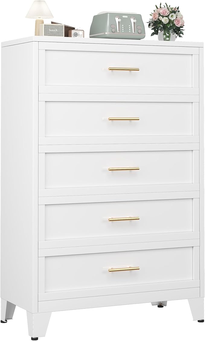 Metal Dresser Tall White Dresser for Bedroom Chest,53.54" H White Drawer Chest, Closet Dressers & Chests of Drawers for Living Room, Hallway (5 Drawers)