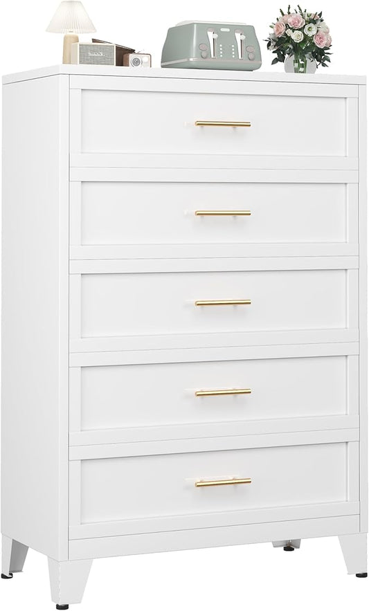 Metal Dresser Tall White Dresser for Bedroom Chest,53.54" H White Drawer Chest, Closet Dressers & Chests of Drawers for Living Room, Hallway (5 Drawers)