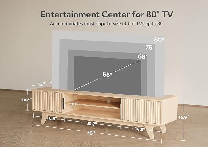 Claiks Mid-Century Modern TV Stand for 75 inch TV, Wood Fluted TV Stand with Storage and Adjustable Shelves, Low Profile TV Console for Living Room, Oak