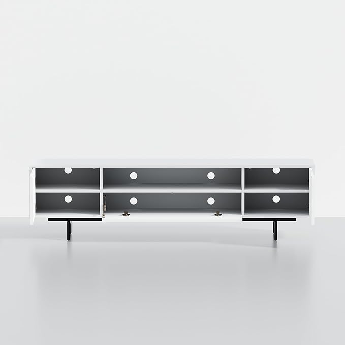 Norrhaus 75-Inch Modern TV Stand – White Finish, 20-Inch Height, No Tools Assembly Technology, Storage Cabinets with Center Channel Speaker Shelf, Mid-Century Modern Design