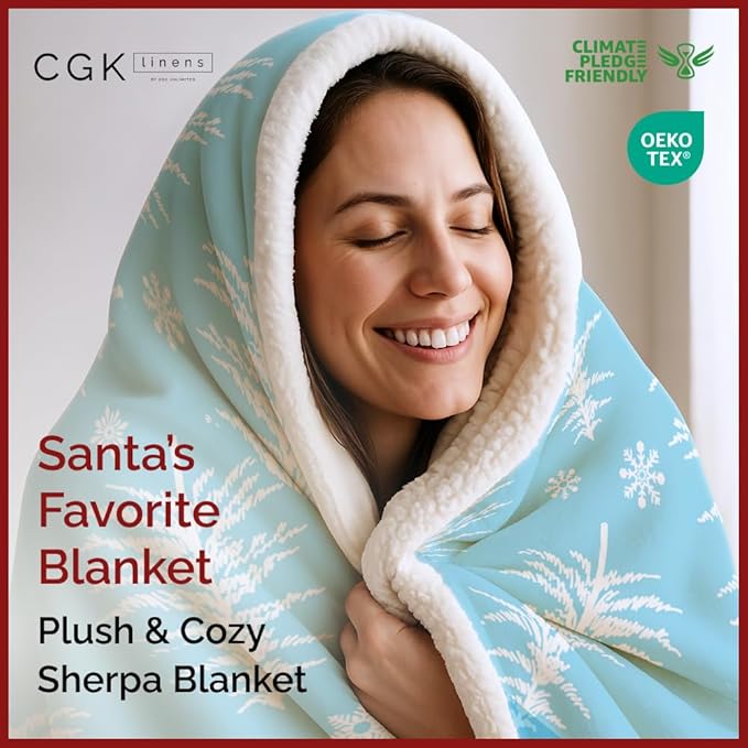 Christmas Sherpa Blanket Throw Size - Reversible Sherpa Fleece Blanket - Super Soft Double Sided Throw for Bed, Sofa, Couch - Thick, Cozy & Plush - Xmas Winter Bedding - Christmas Snowflakes, 50x60