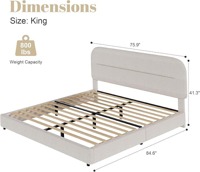 King Size Boucle Bed Frame, Upholstered Cloud Bed Frame with Headboard, Soft Platform Bed Frame with Thickened Footboard, Rounded Corners, No Box Spring Required, Easy Assembly, Beige
