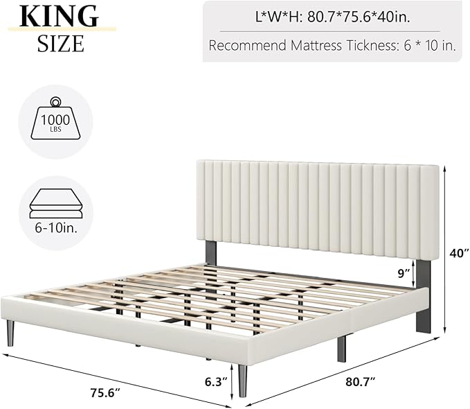 King Size Bed Frame,King Size Platform Bed Frame and Velvet Upholstered Headboard with Strong Wood Slats, Box Spring Optional, Mattress Foundation, Easy Assembly Beige