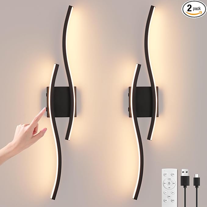 Modern LED Wall Sconce set of Two, Battery Powered Wall Sconces set of 2 with Timer, Black Wall Light with Remote, LED Wall Lamp indoor not hardwired for Bathroom Living Room Bedroom Corridor