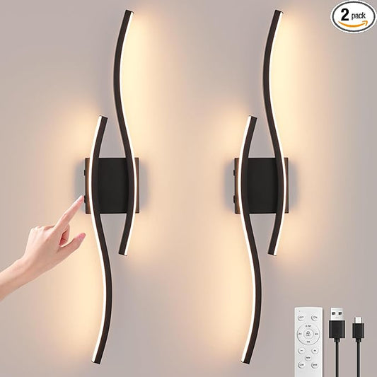 Modern LED Wall Sconce set of Two, Battery Powered Wall Sconces set of 2 with Timer, Black Wall Light with Remote, LED Wall Lamp indoor not hardwired for Bathroom Living Room Bedroom Corridor