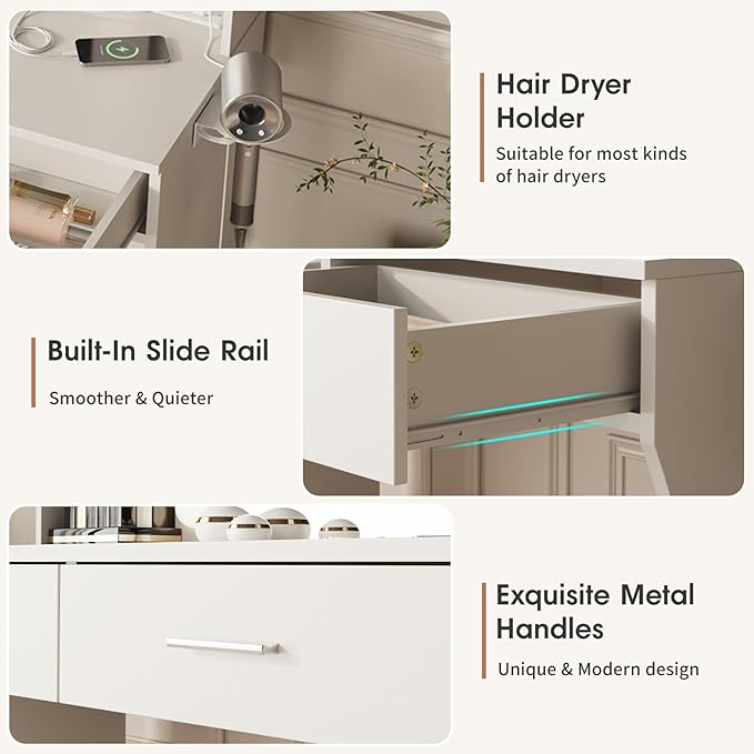 Maupvit Vanity Desk with Mirror and Lights,Makeup Vanity Table Set with Power Outlet,3 Lighting Modes & Adjustable Brightness Dressing Table with 2 Drawers for Bedroom Dressing Room,White