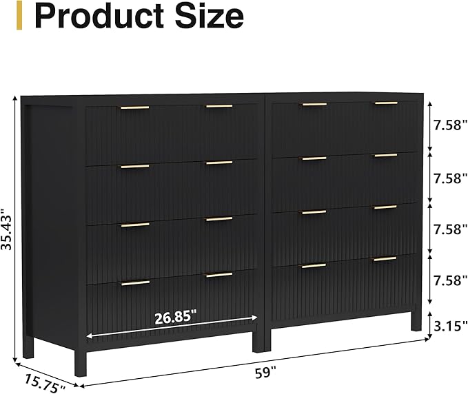 4 Drawer Double Dressers for Bedroom with Waveform Fluted Panel Design, Modern Wide Chest of Drawers,Wood Storage Dresser Chest of Drawers for Bedroom Living Room Hallway Closet, Black 2 Sets