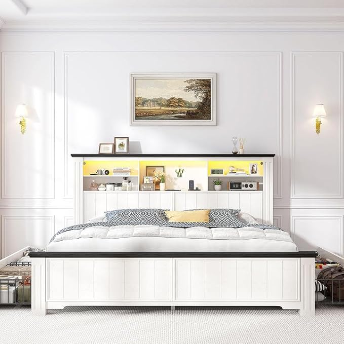 EnHomee Queen Bed Frame with Headboard and Storage, 4 Drawers and LED Built in Charging Station Bed Frame Queen Size with Storage Farmhouse, NO Noise,No Box Spring Needed, White